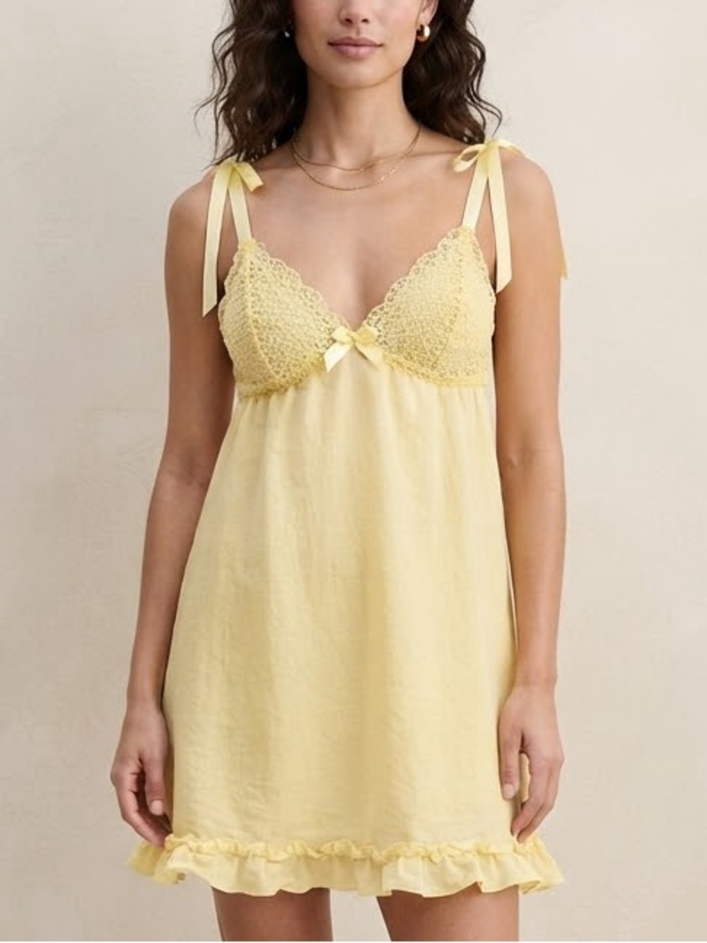 Y2K La Senza Yellow Cotton Lace-Trim Chemise Night Mini Dress Size Small